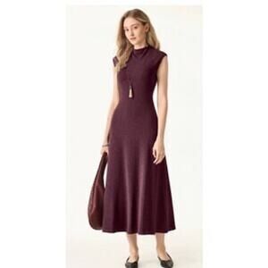 OGL Dress Eco-Mousse Mock Neck Sleeveless A-Line Midi Burgundy M Minimalist